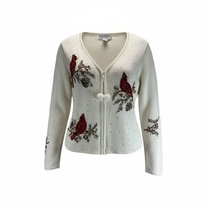 Vintage Christmas Cardinal Sweater L Sequin Embroidered Birds Holiday Cardigan